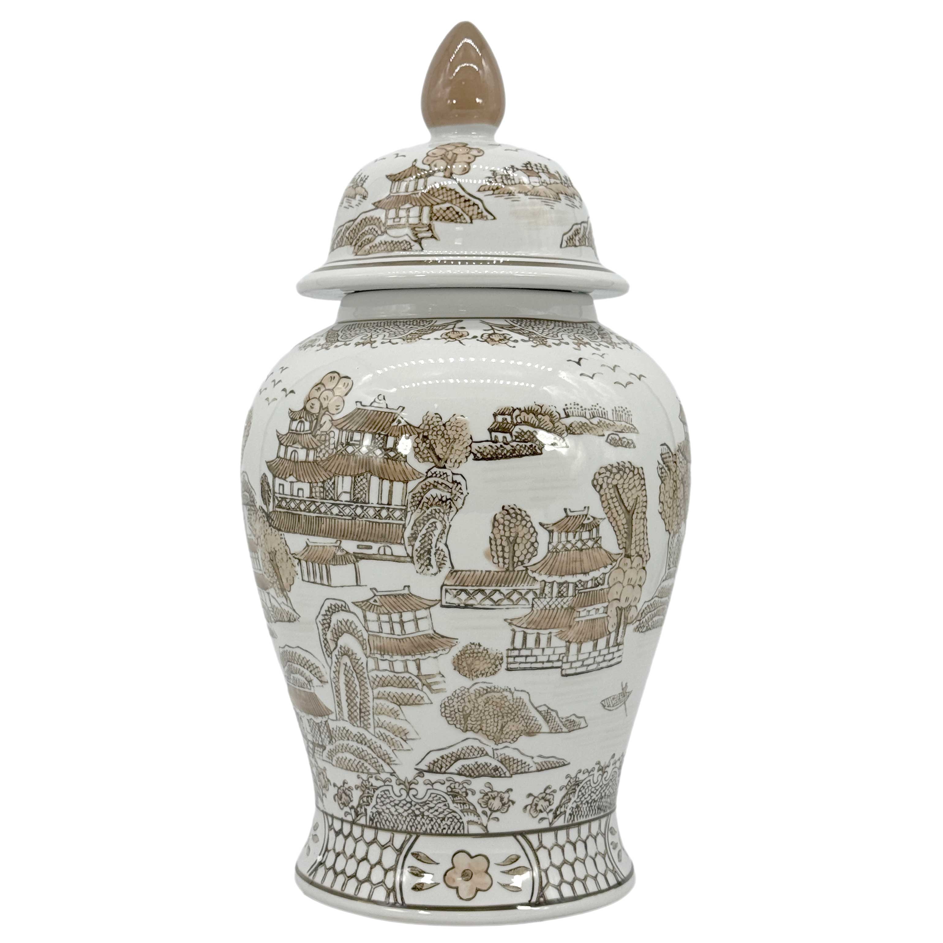 Brown & White Chinoiserie Ginger Jar, 18in