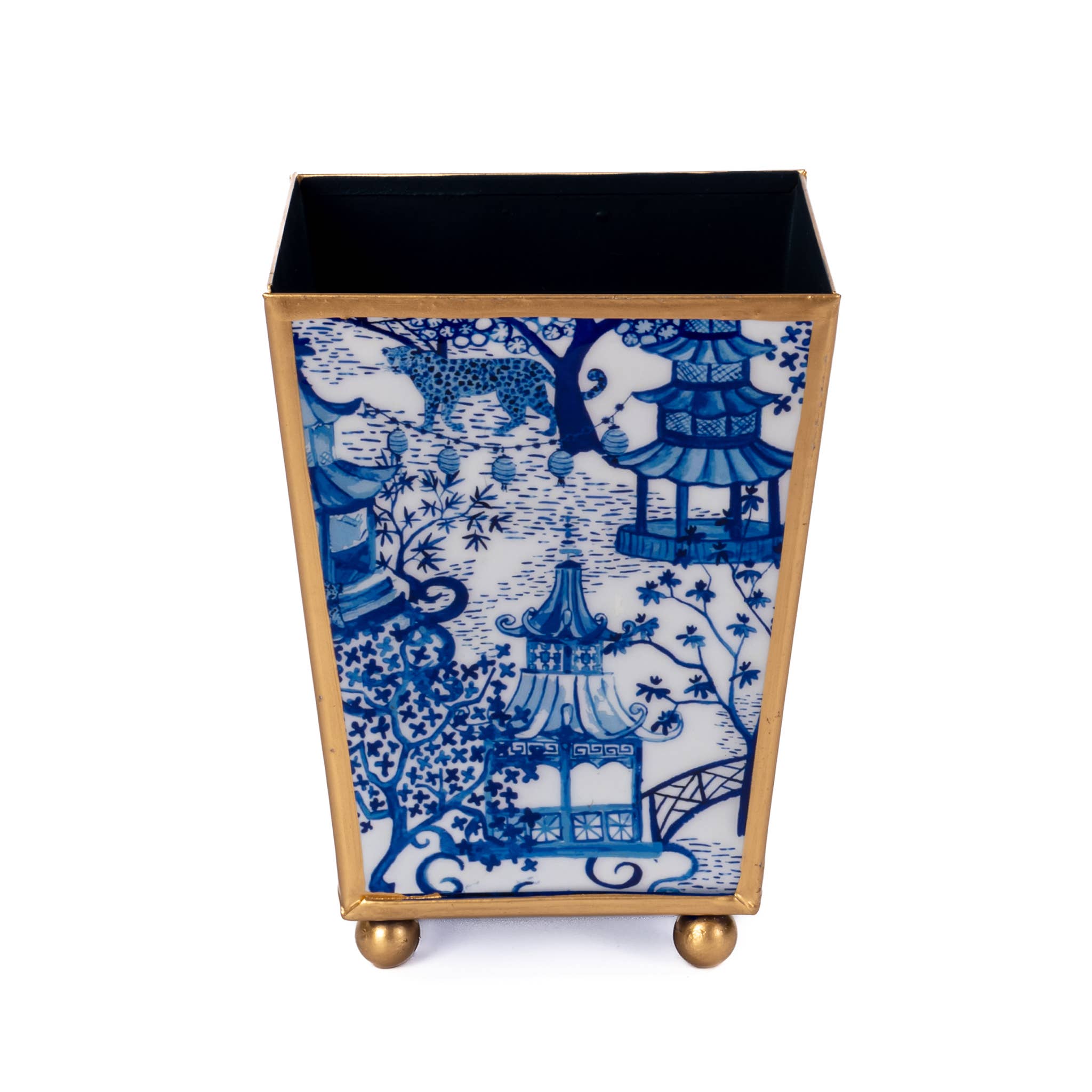 Garden Party Enameled Square Cachepot Planter, White & Blue (6-in)