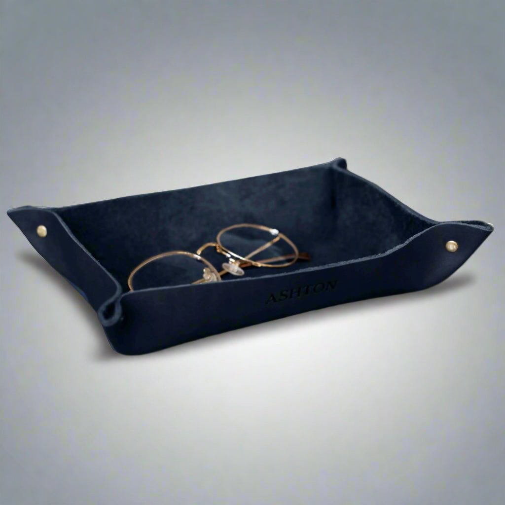 'HP' Embossed Leather Valet Tray, Navy