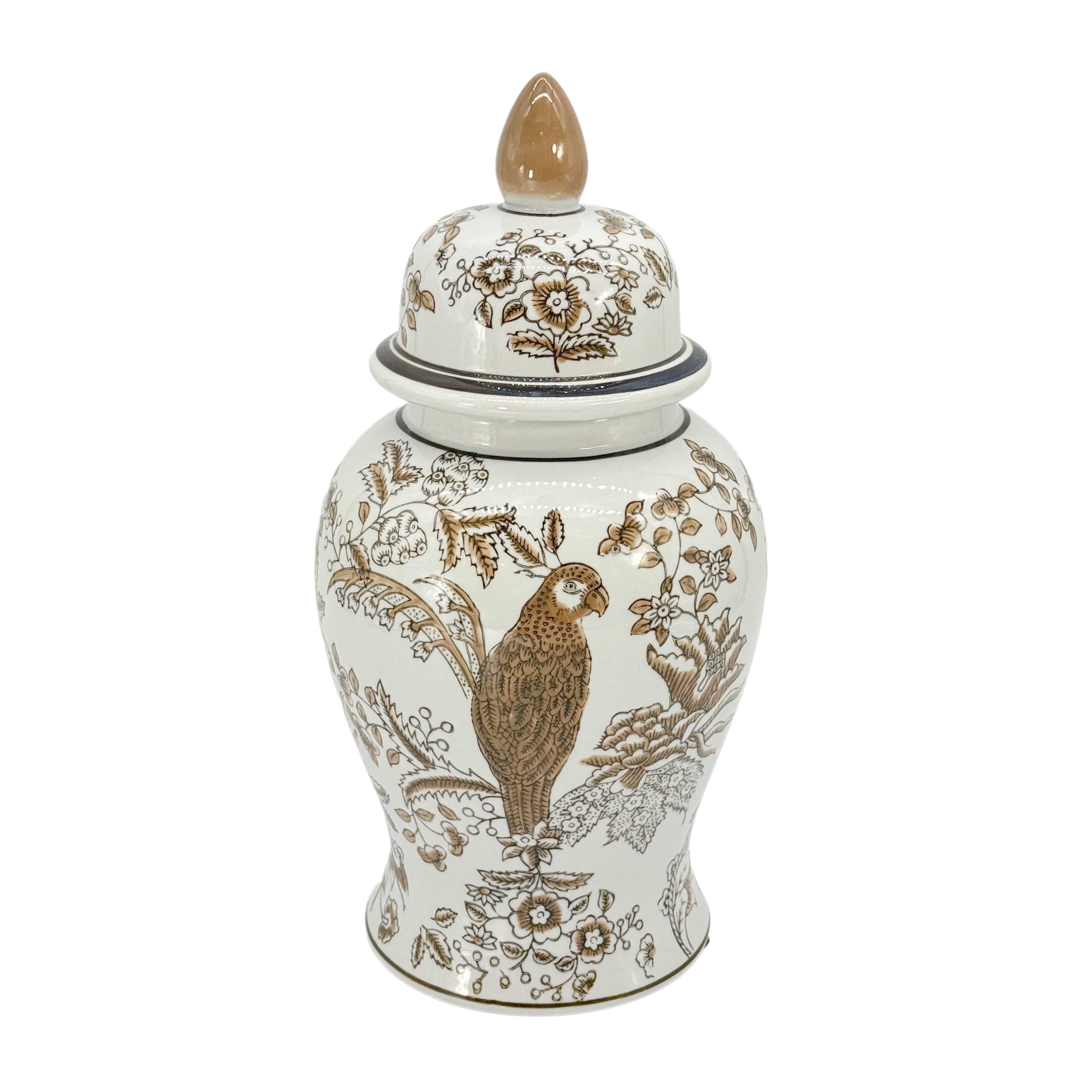 Brown & White Parrot Chinoiserie Ginger Jar, 14in