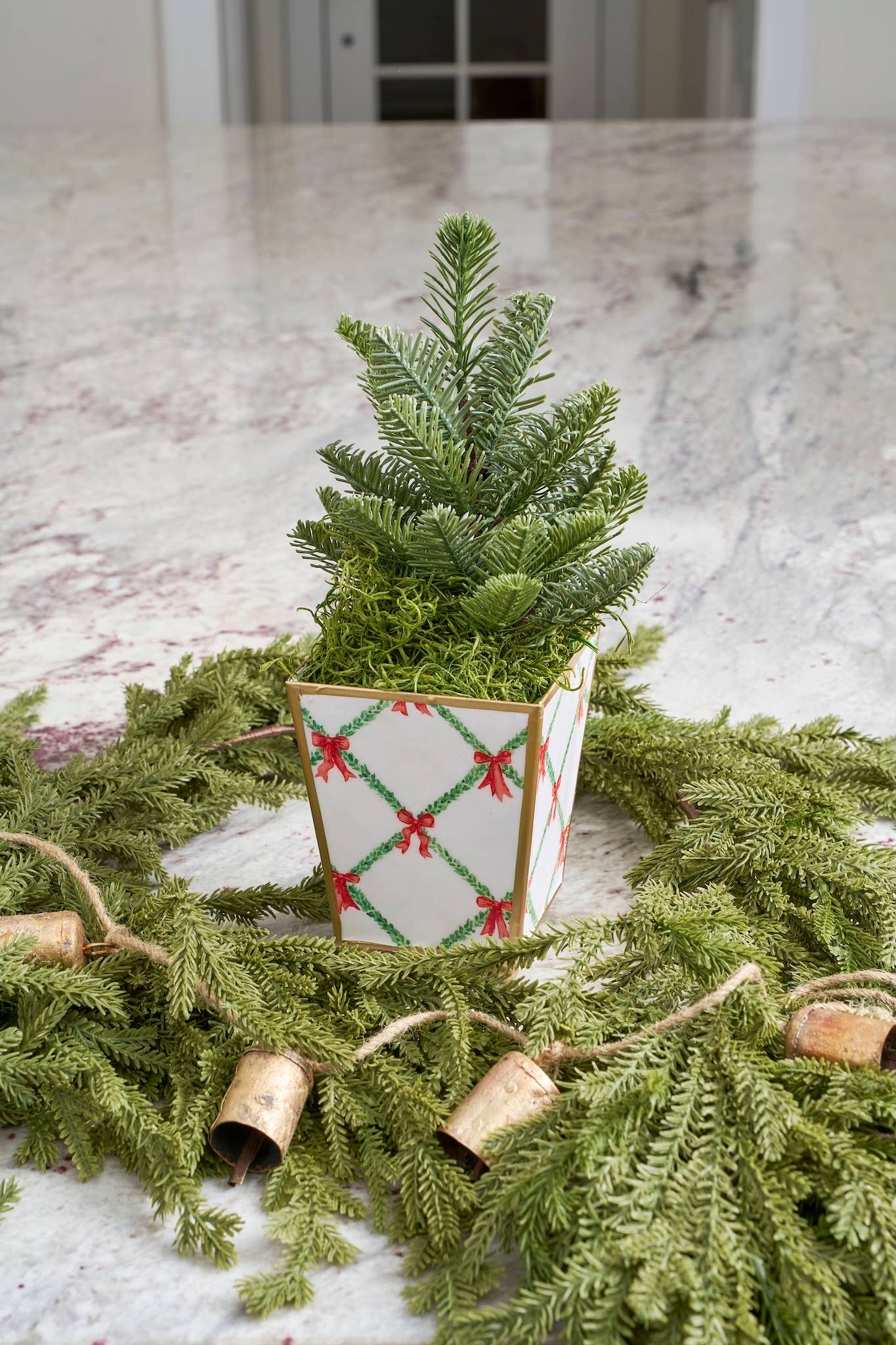 Cachepot, Bow Trellis Enameled Square Planter, Red & Green - Jaye's Studio (6in)
