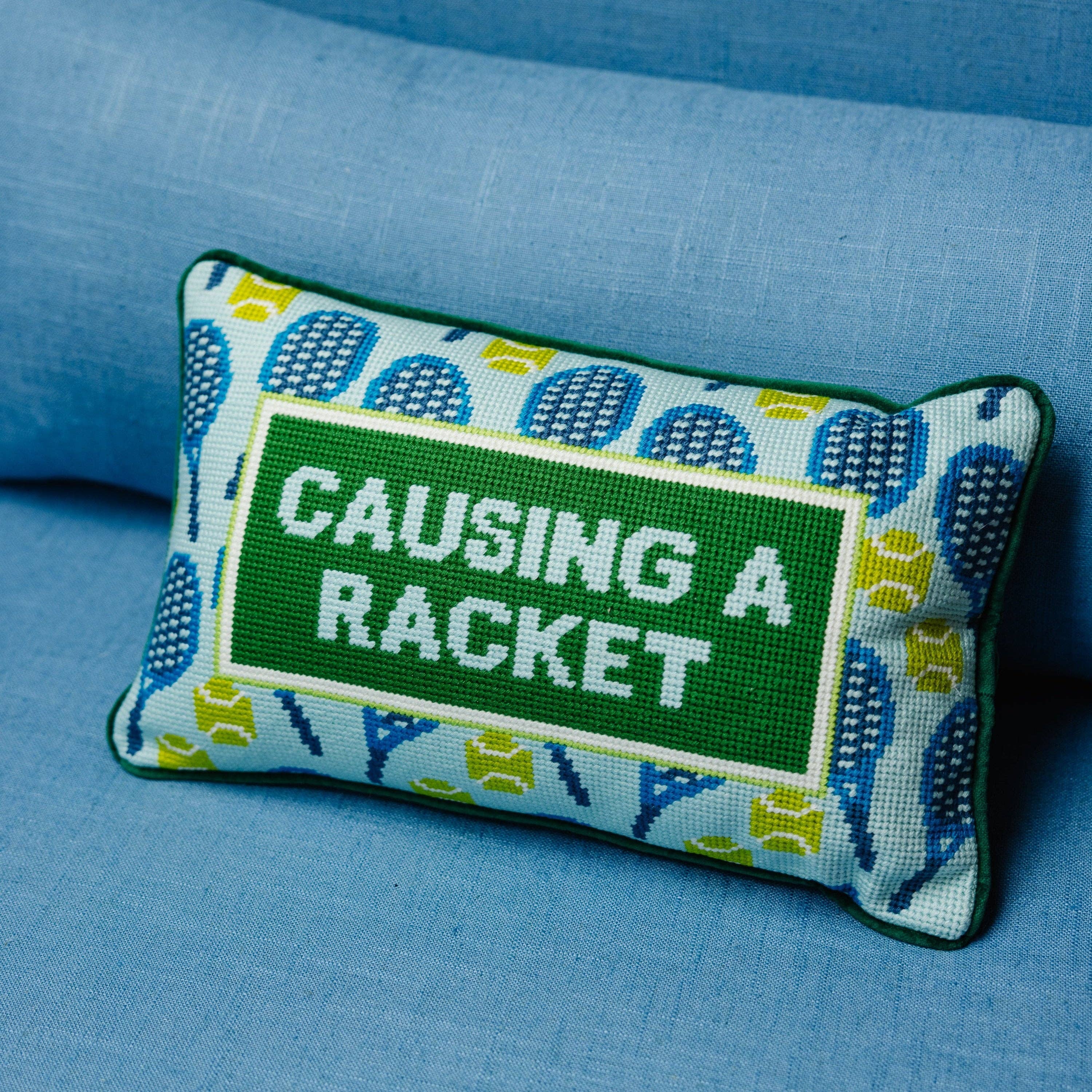 Pillow, 'Causing A Racket' Needlepoint - Furbish Studios
