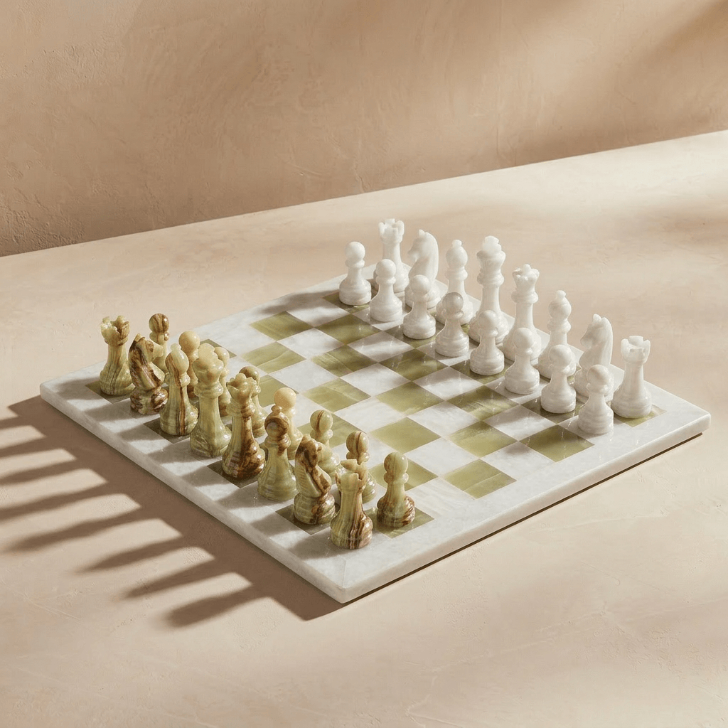 Marble Chess Set, White & Green Onyx, 16in (with Storage Case)