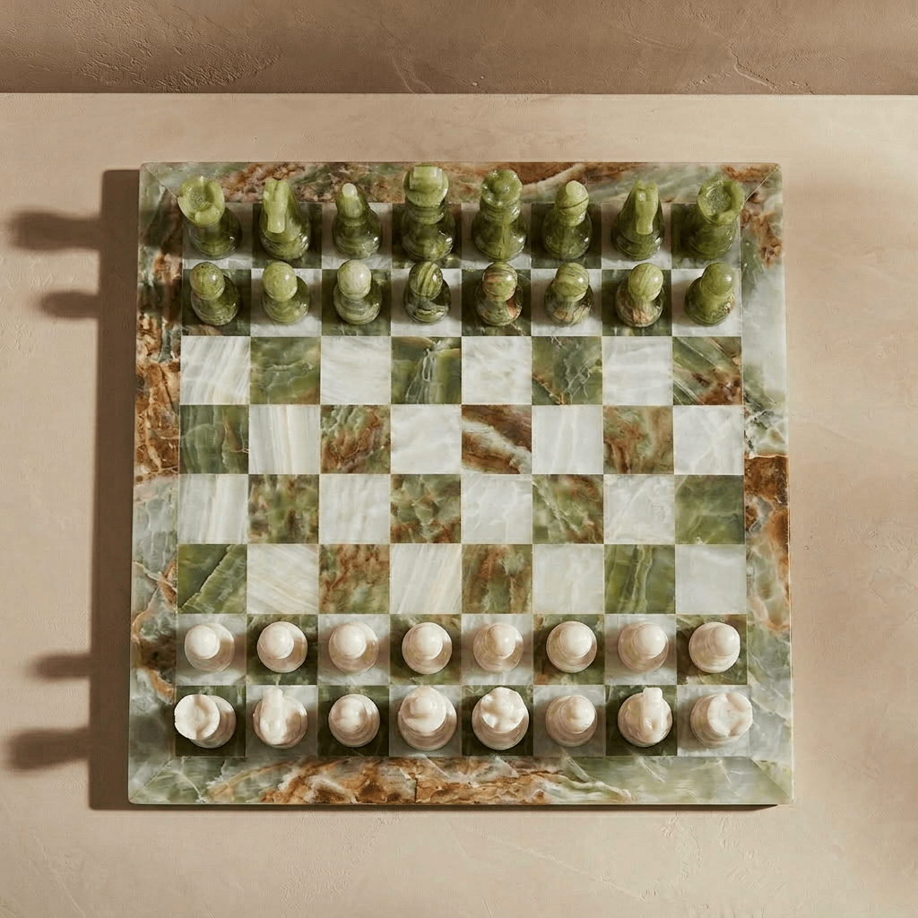 Marble Chess Set Green Onyx & White, 16in (with Storage Case)