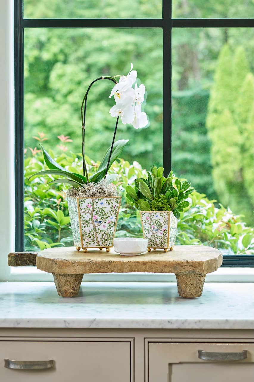 Elsie's Garden Enameled Square Cachepot Planter, Blue & Pink (6-in)