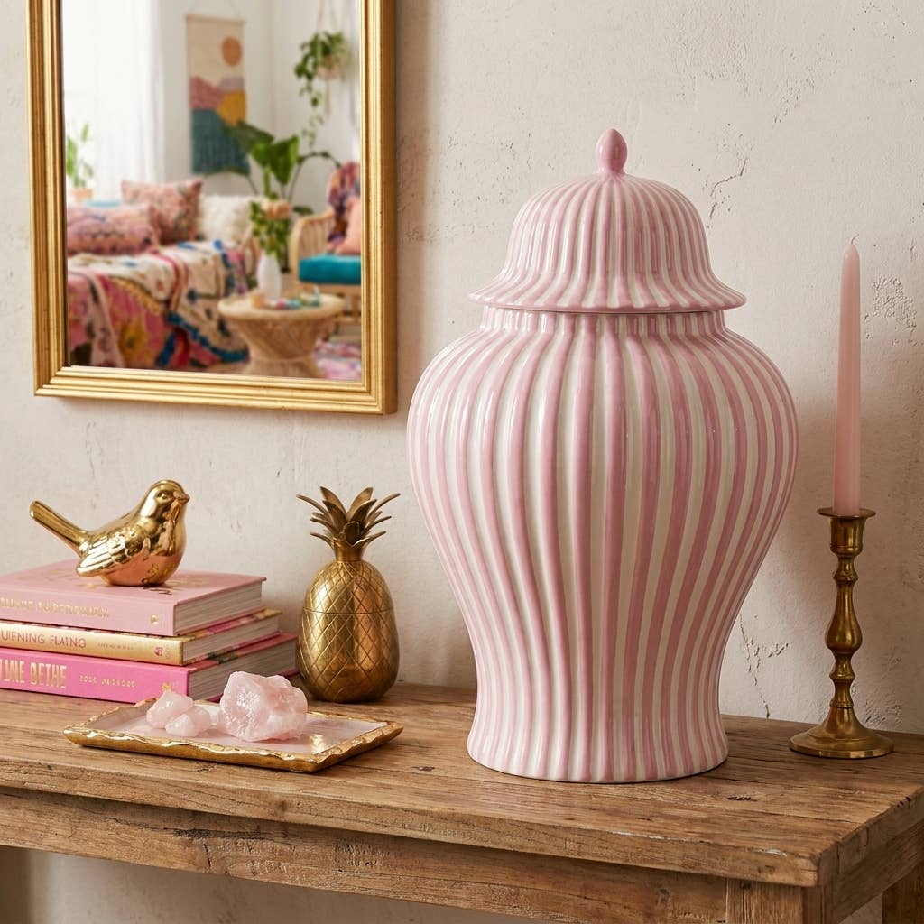 Pink & White Candy Cane Striped Ceramic Vase 18in