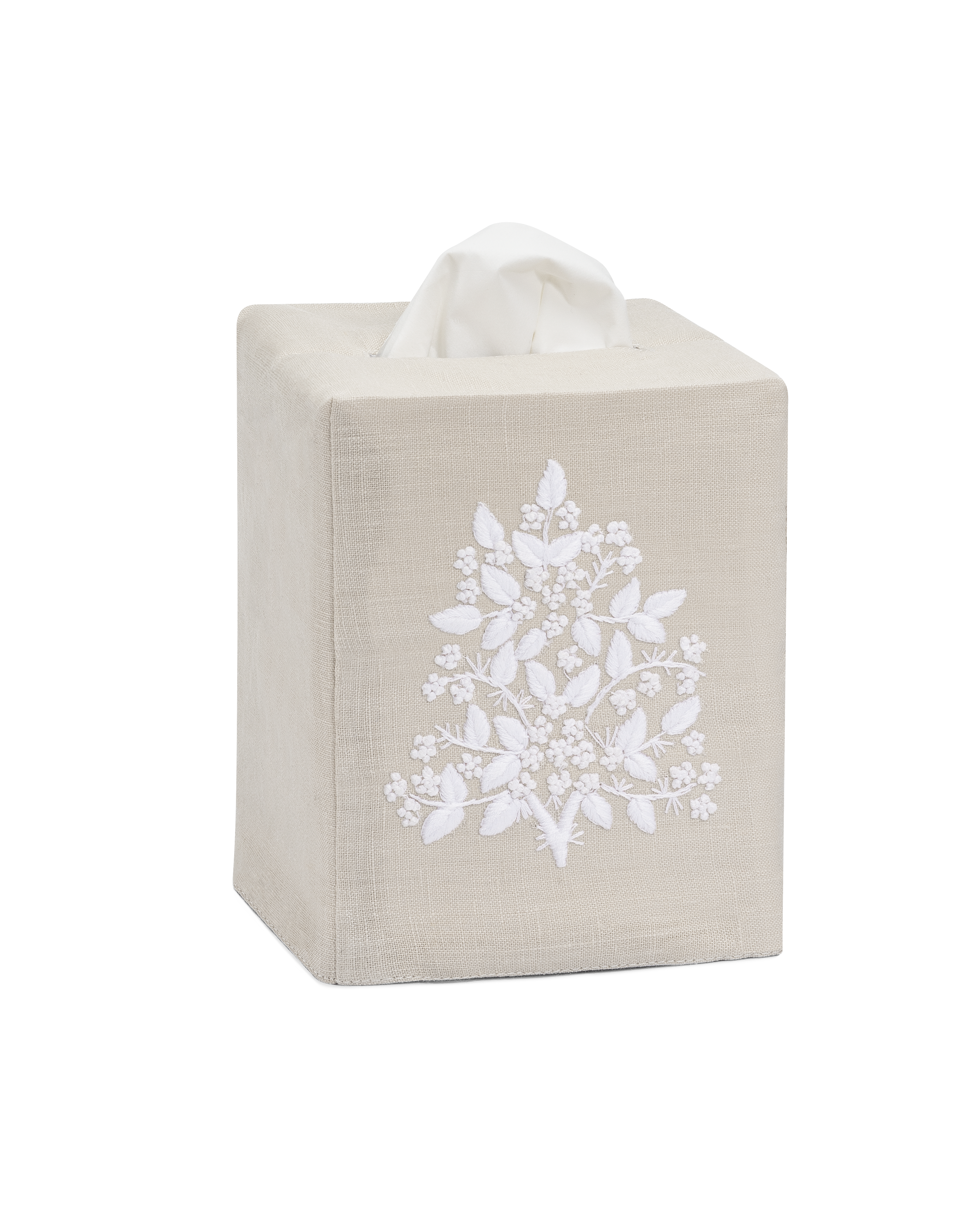 Linen Tissue Box Cover, White on Taupe