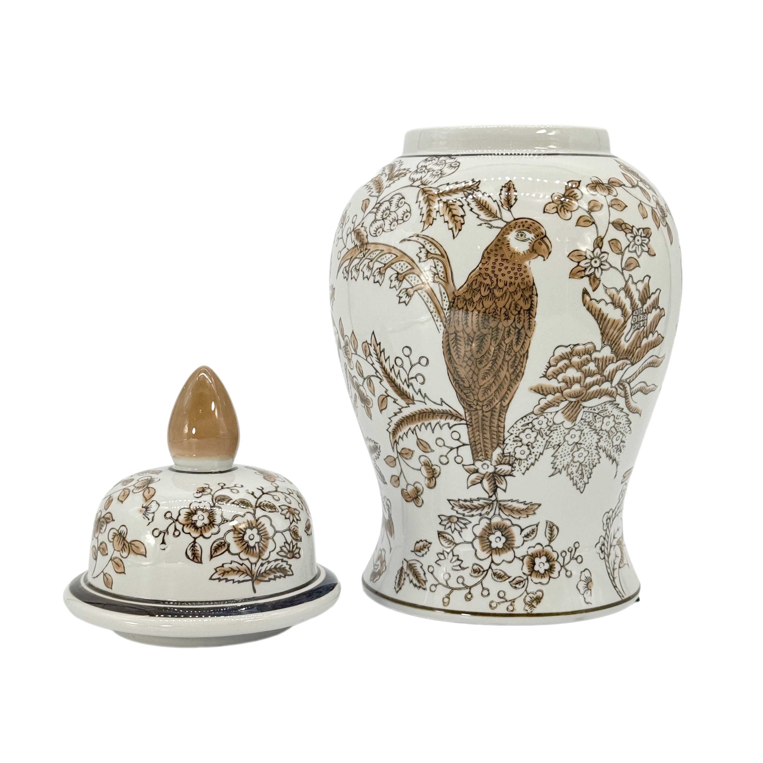 Brown & White Parrot Chinoiserie Ginger Jar, 14in