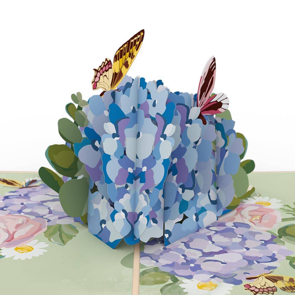 Hydrangea Butterflies Pop-up Card 5in x 7in, Flower Vase, Vintage