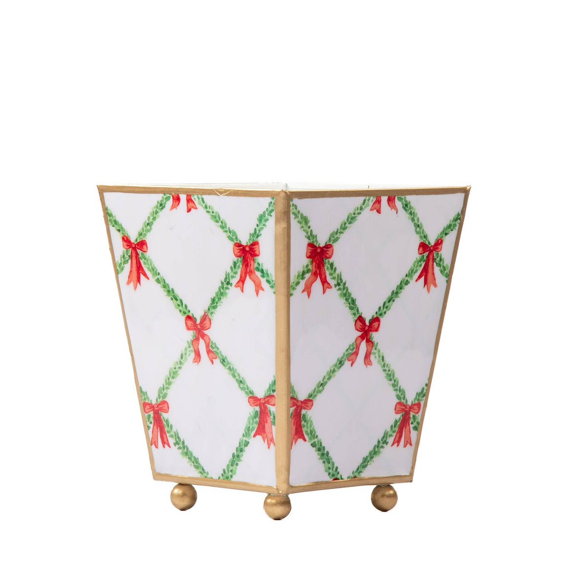 Cachepot, Bow Trellis Enameled Square Planter, Red & Green - Jaye's Studio (6in)
