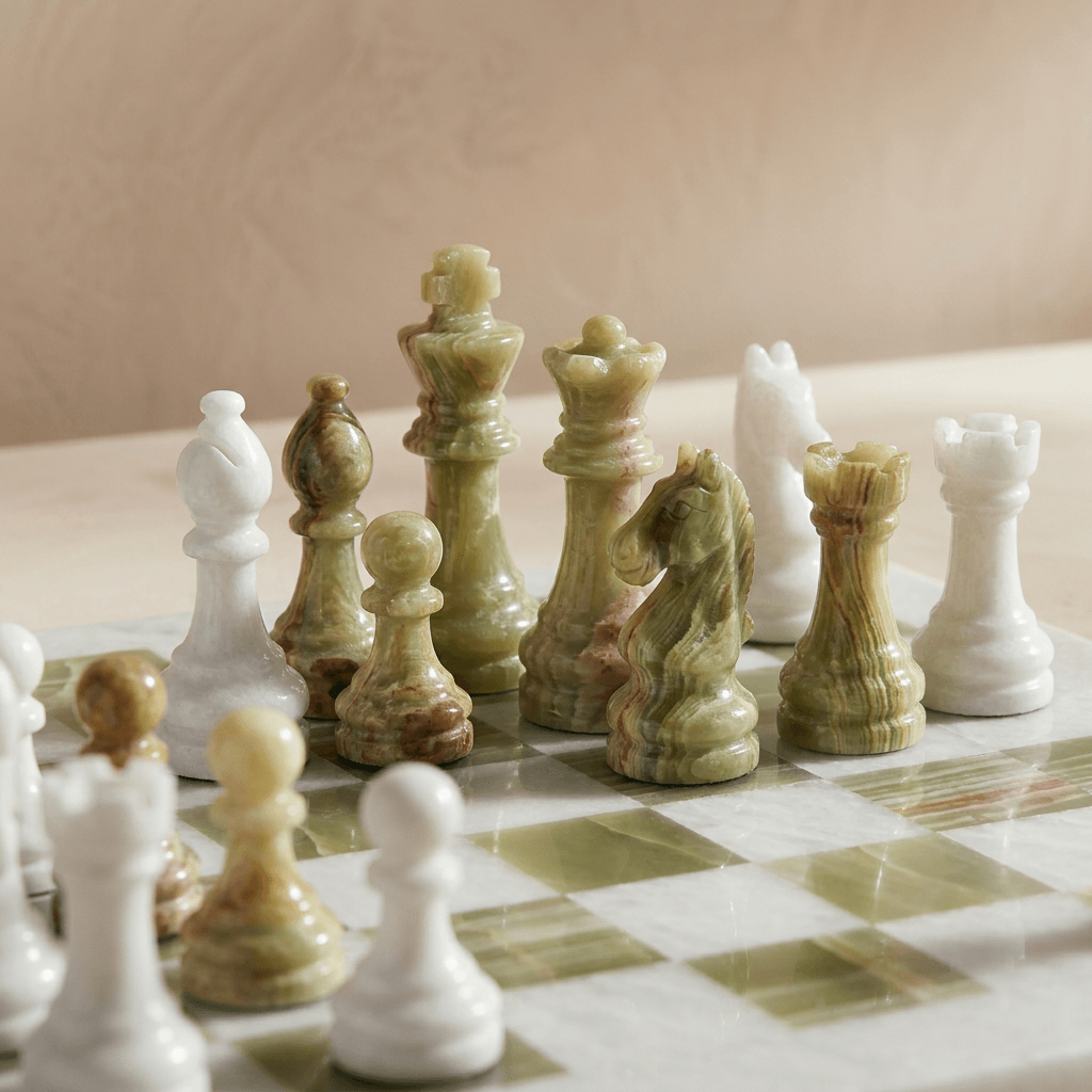 Marble Chess Set, White & Green Onyx, 16in (with Storage Case)