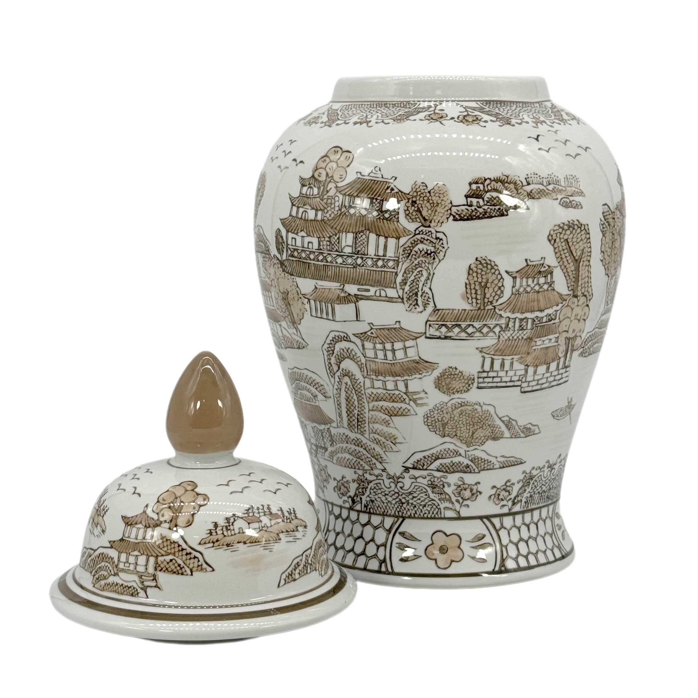 Brown & White Chinoiserie Ginger Jar, 18in