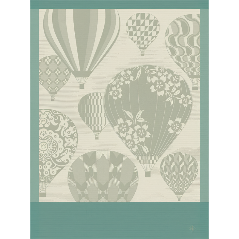 Patterned hot air balloons on a teal and beige background