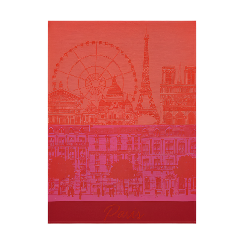 Red and pink illustration of Parisian landmarks on a red background