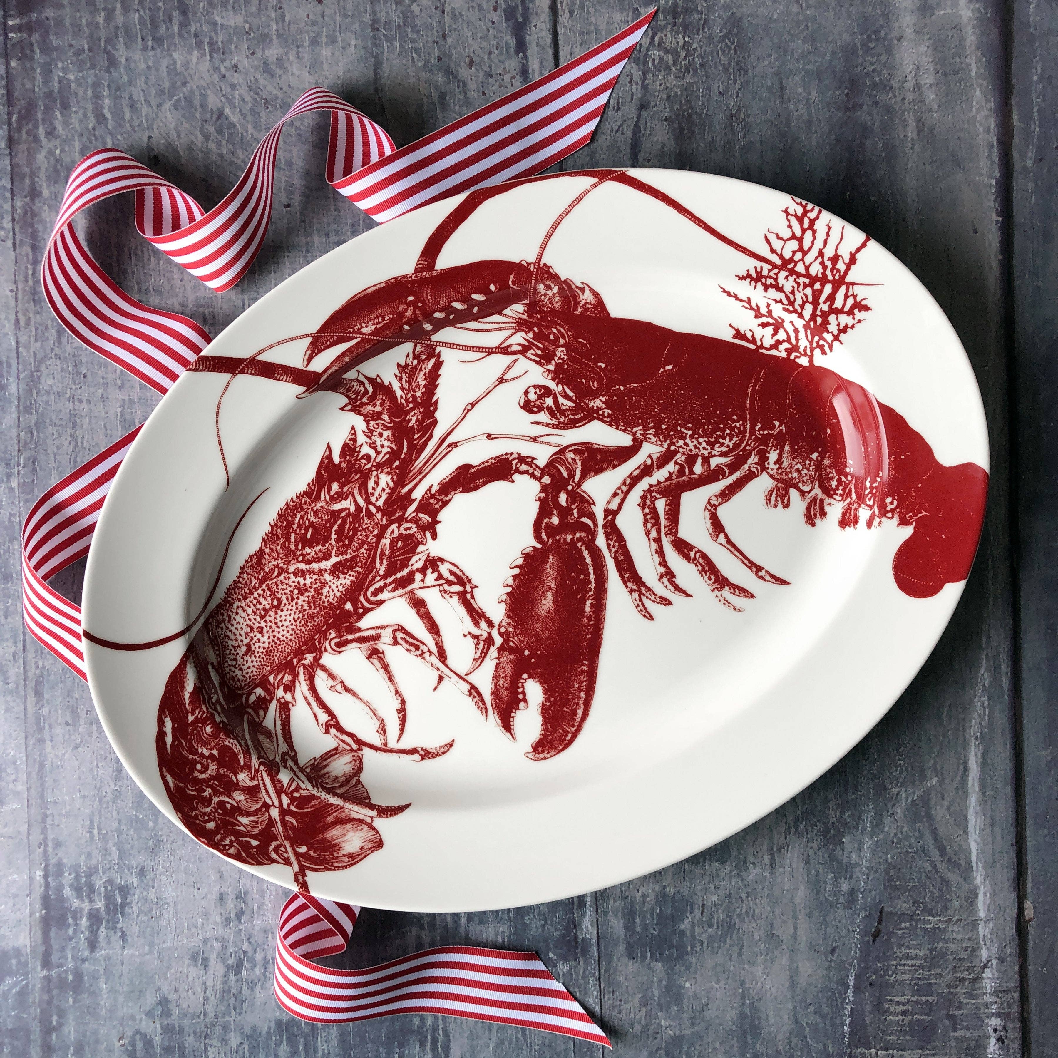 Red Lobster Large Oval Rimmed Platter - Caskata (16in x 12.5in)