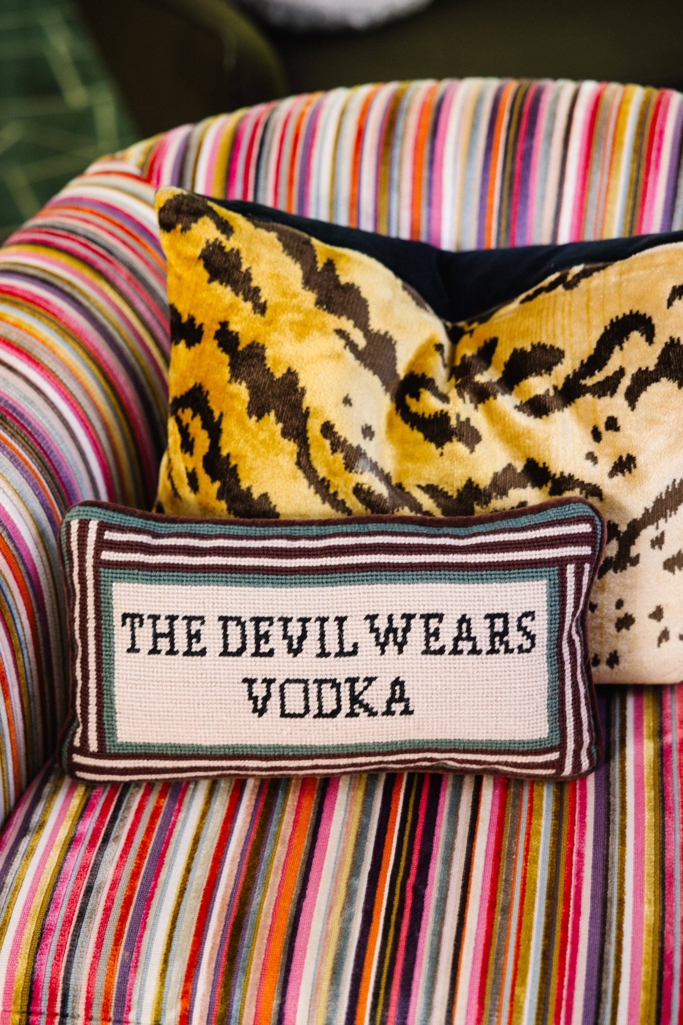Pillow, 'Devil Wears Vodka' Needlepoint - Furbish Studio (8in x 14in)