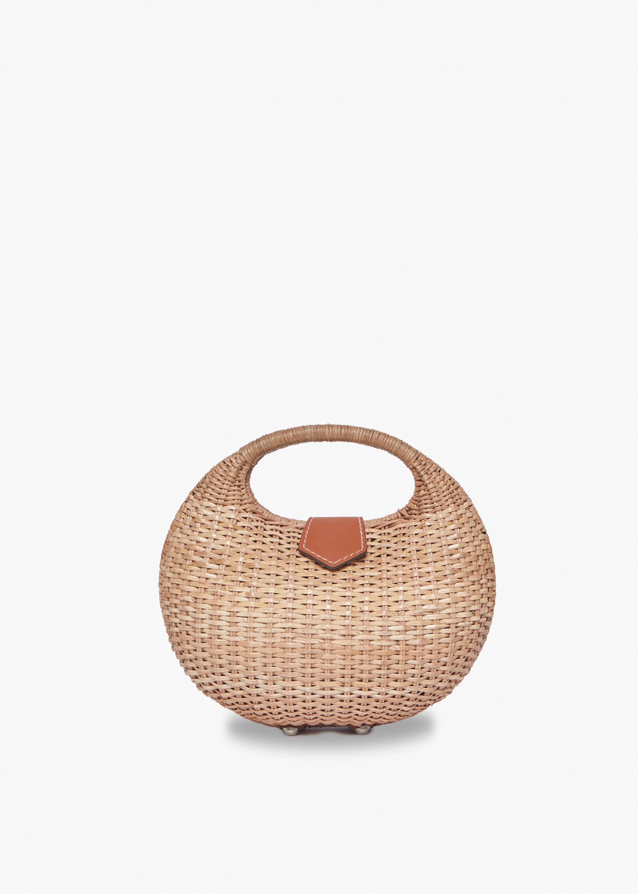 Ines Woven Wicker Top Handle Bag with Leather Flap - Kayu
