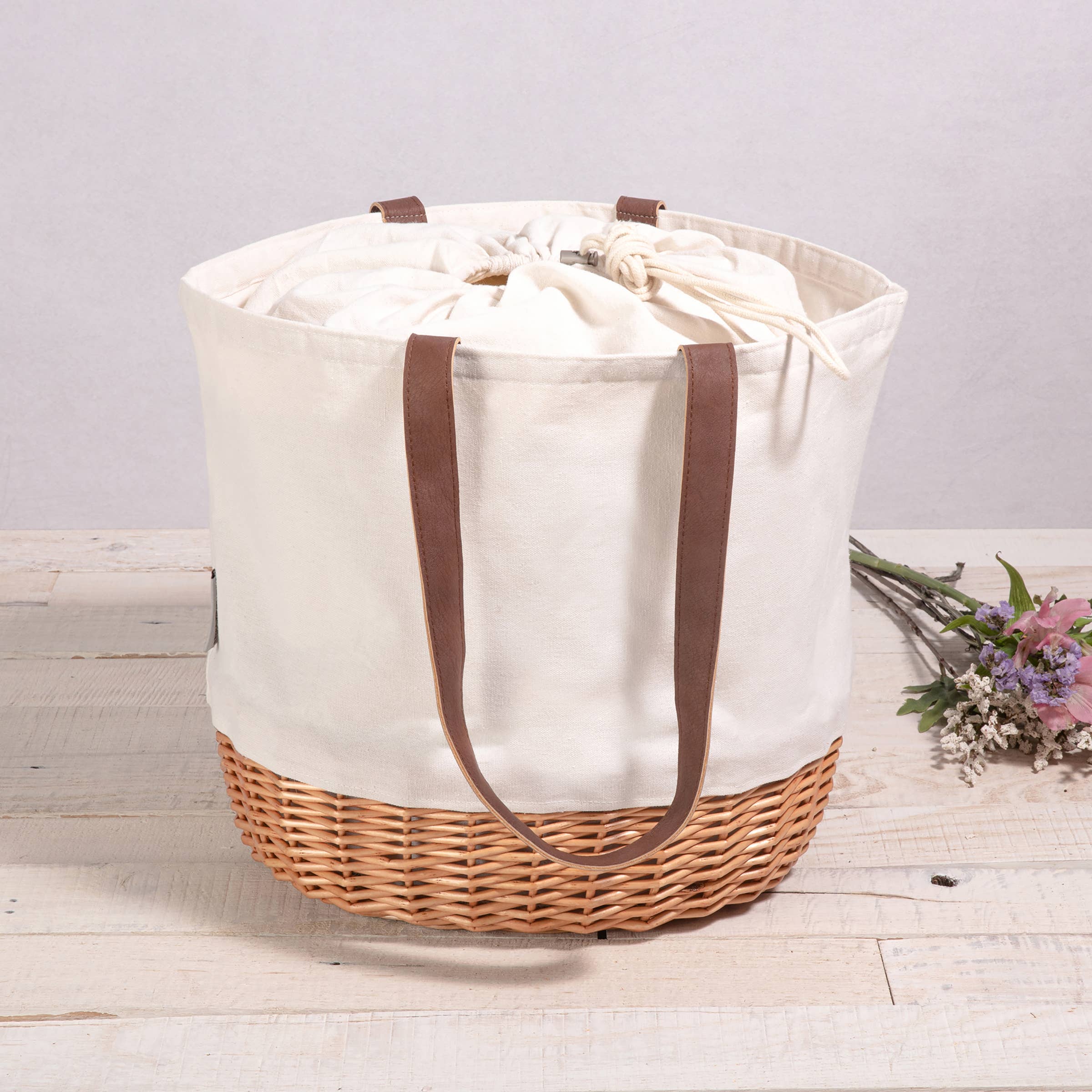 Coronado Canvas & Willow Basket Tote, White / Natural Willow