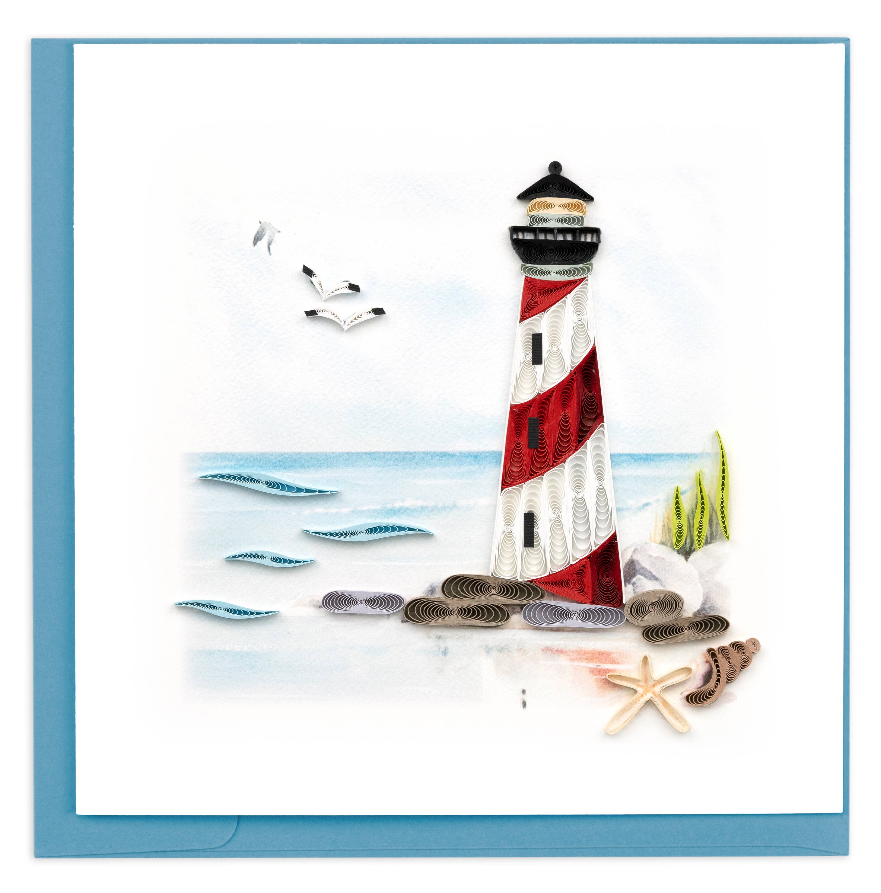 Card, Red & White Lighthouse - Quilling Card (6in sq, with envelope)