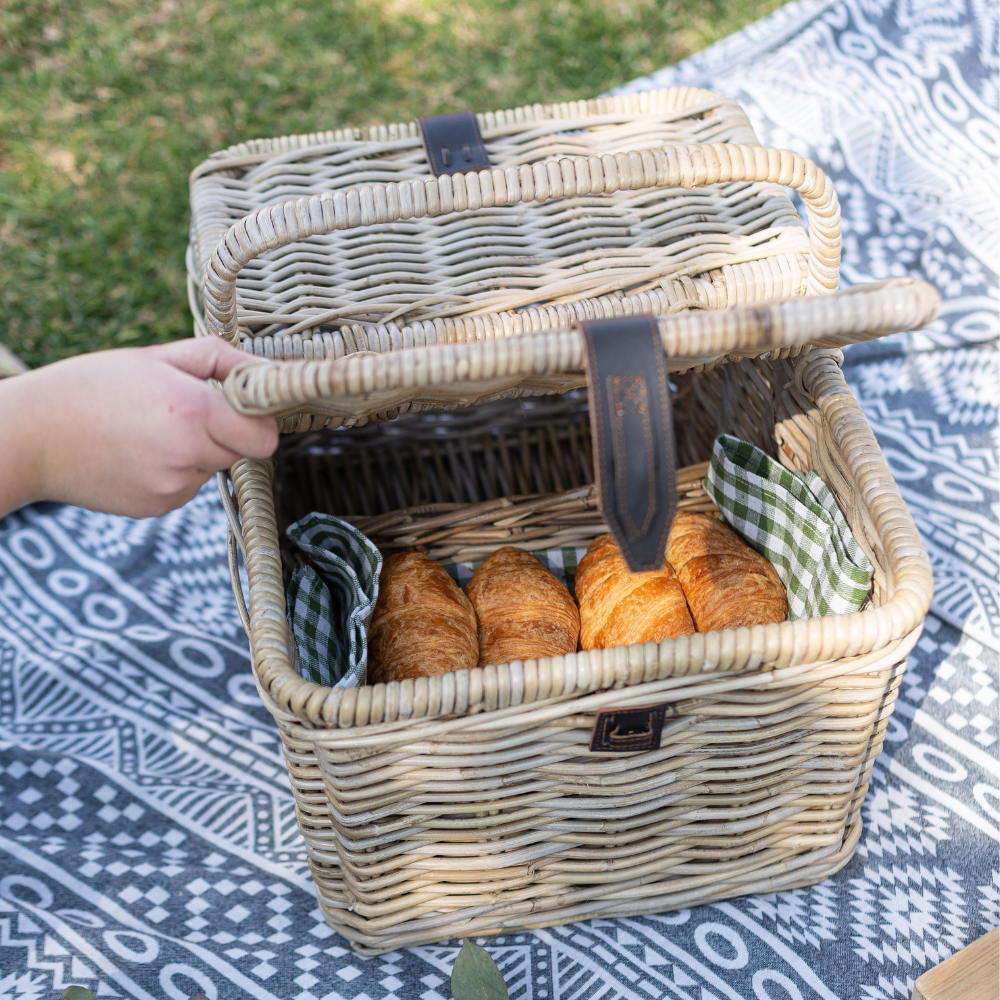 Rattan Picnic Basket with Faux Leather Strap Closure: 35cm