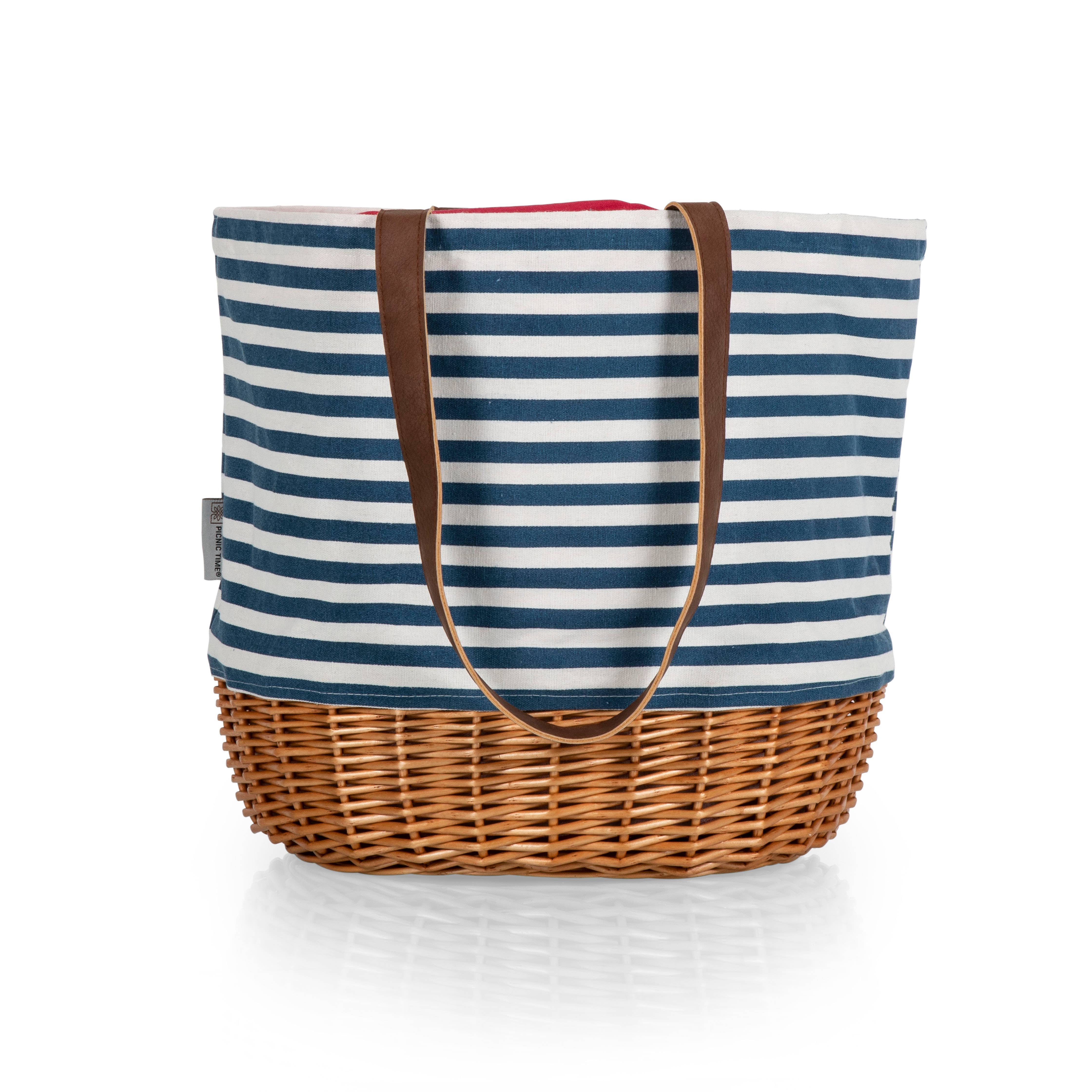 Coronado Canvas & Willow Basket Tote, Navy Stripe / Natural Base / Red Interior