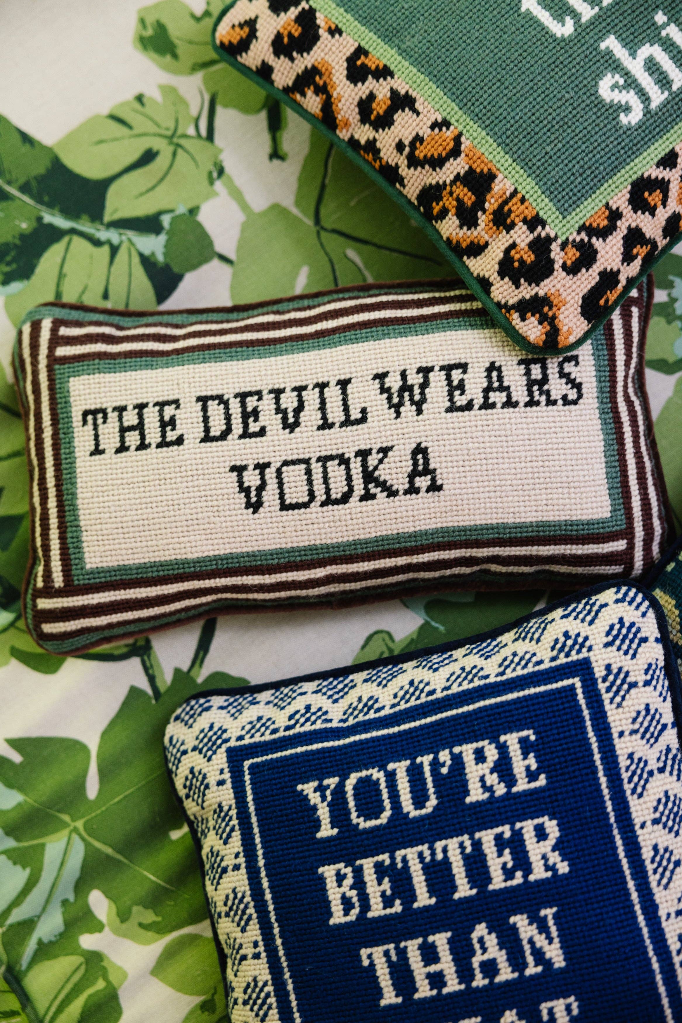Pillow, 'Devil Wears Vodka' Needlepoint - Furbish Studio (8in x 14in)