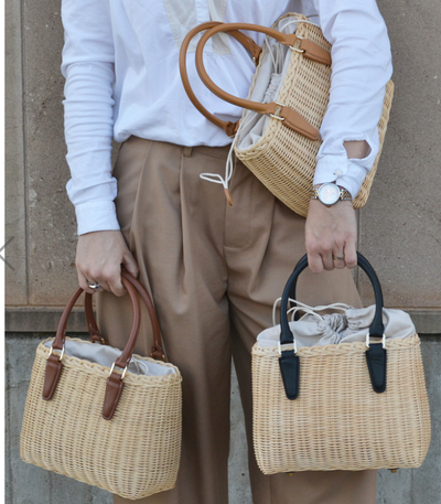 Beige Italian Paglia Lined Beach Basket Bag