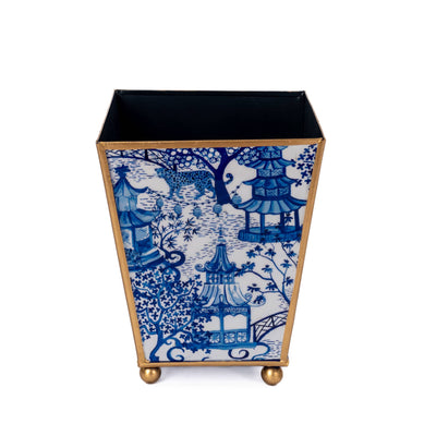 Garden Party Enameled Square Cachepot Planter, White & Blue (6-in)