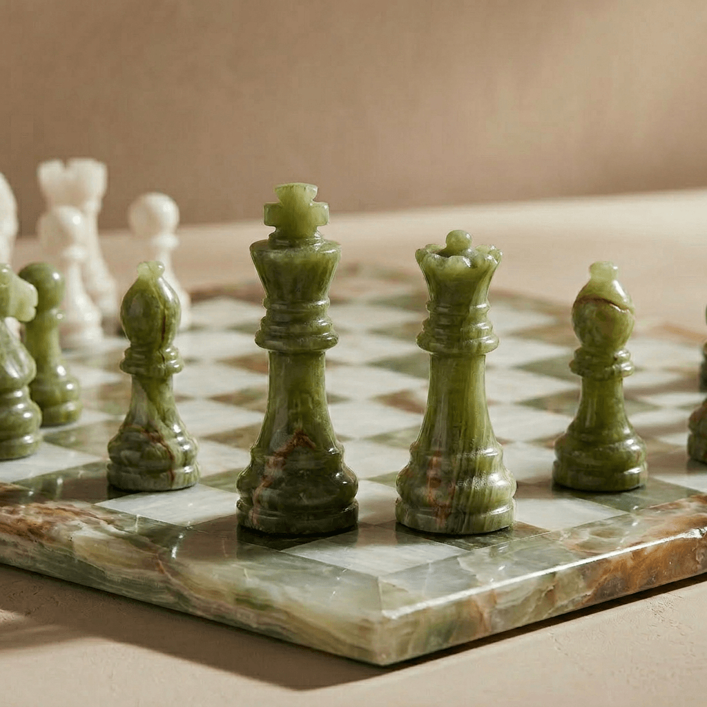 Marble Chess Set Green Onyx & White, 16in (with Storage Case)