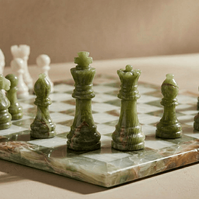 Marble Chess Set Green Onyx & White, 16in (with Storage Case)