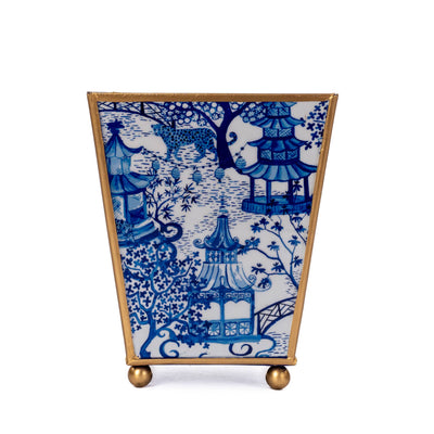 Garden Party Enameled Square Cachepot Planter, White & Blue (6-in)
