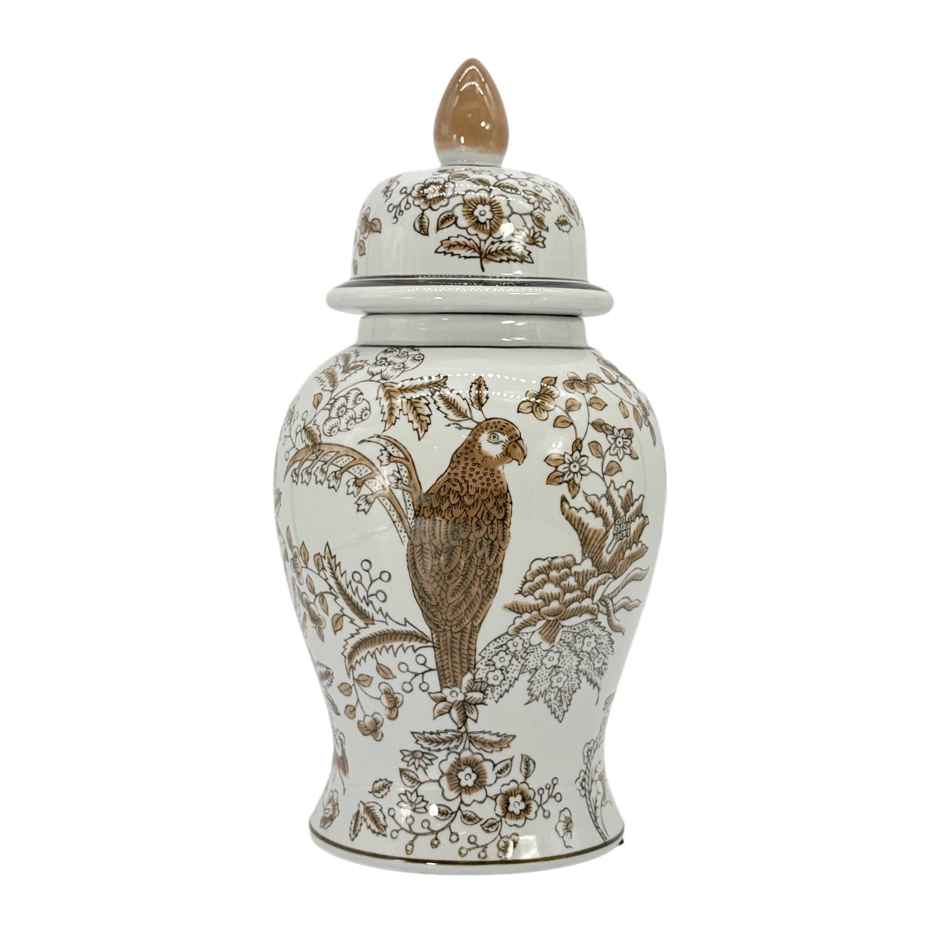 Brown & White Parrot Chinoiserie Ginger Jar, 14in