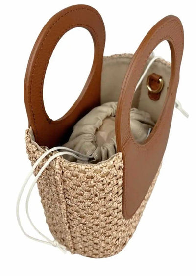 Brown Circular Handles Handbag, Raffia & Leather