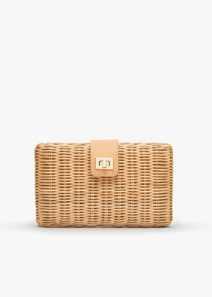 White, Lou Wicker Clutch Bag with Gold Toned Turn Lock - Kayu
