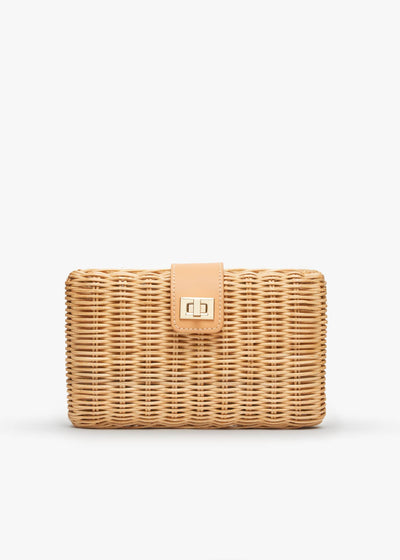 Natural, Lou Wicker Clutch with Gold Toned Turn Lock - Kayu