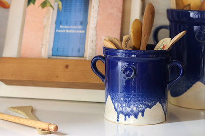 S Blue Artisanal Handthrown Ceramic Utensil Crock with Handles