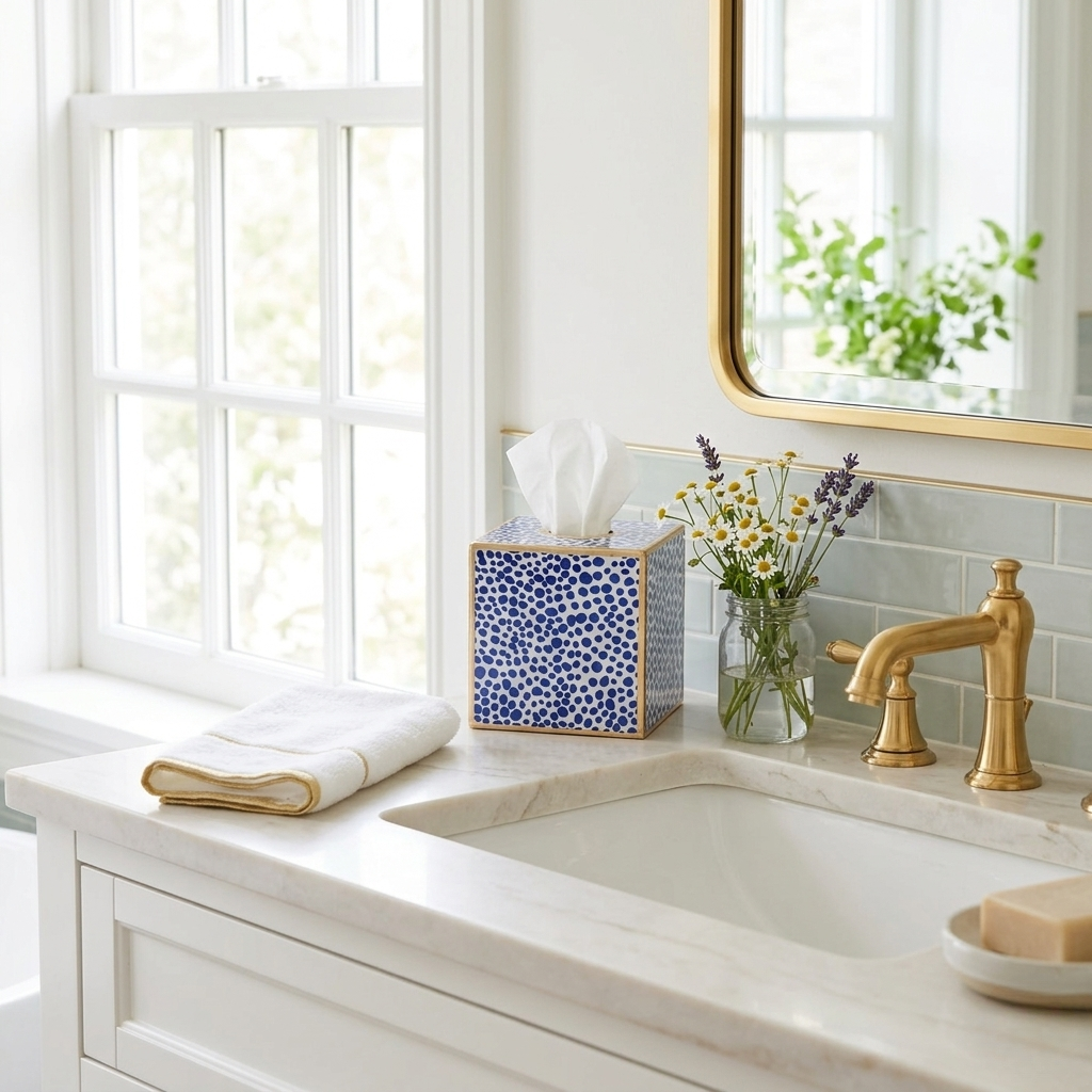 Shagreen Enameled Tissue Box Cover, Blue & White