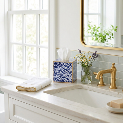 Shagreen Enameled Tissue Box Cover, Blue & White