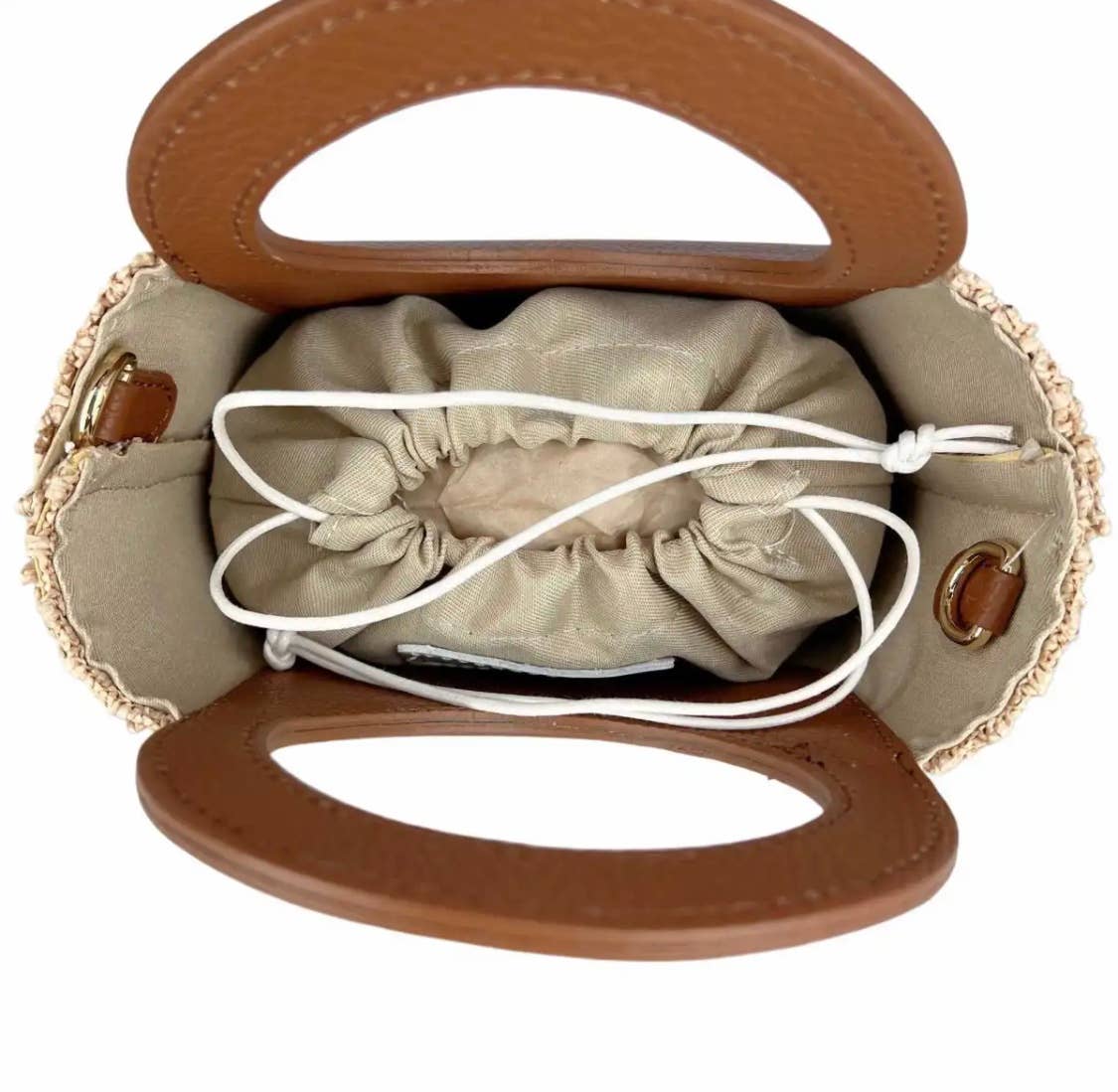 Brown Circular Handles Handbag, Raffia & Leather