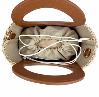 Brown Circular Handles Handbag, Raffia & Leather