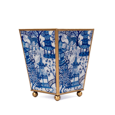 Garden Party Enameled Square Cachepot Planter, White & Blue (6-in)
