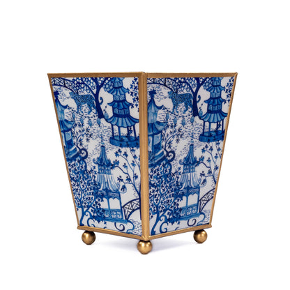 Garden Party Enameled Square Cachepot Planter, White & Blue (6-in)