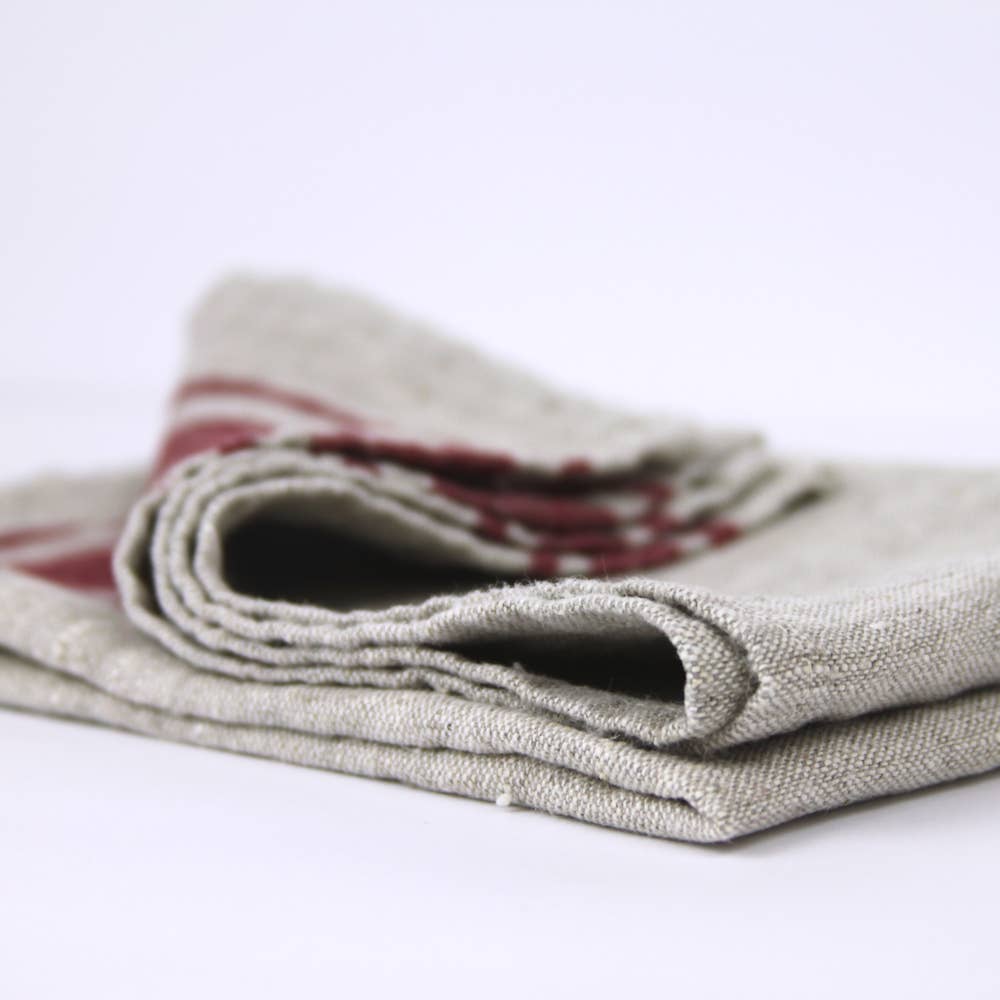 Grey & Bordeaux Striped Linen Hand Towel, Stonewashed