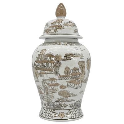 Brown & White Chinoiserie Ginger Jar, 18in