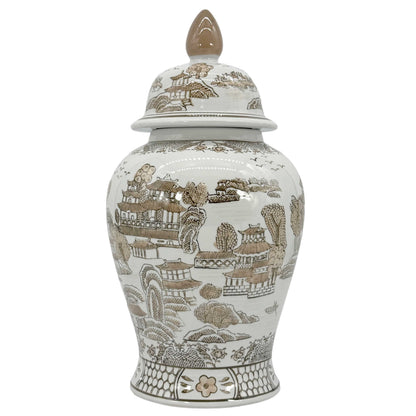 Brown & White Chinoiserie Ginger Jar, 18in