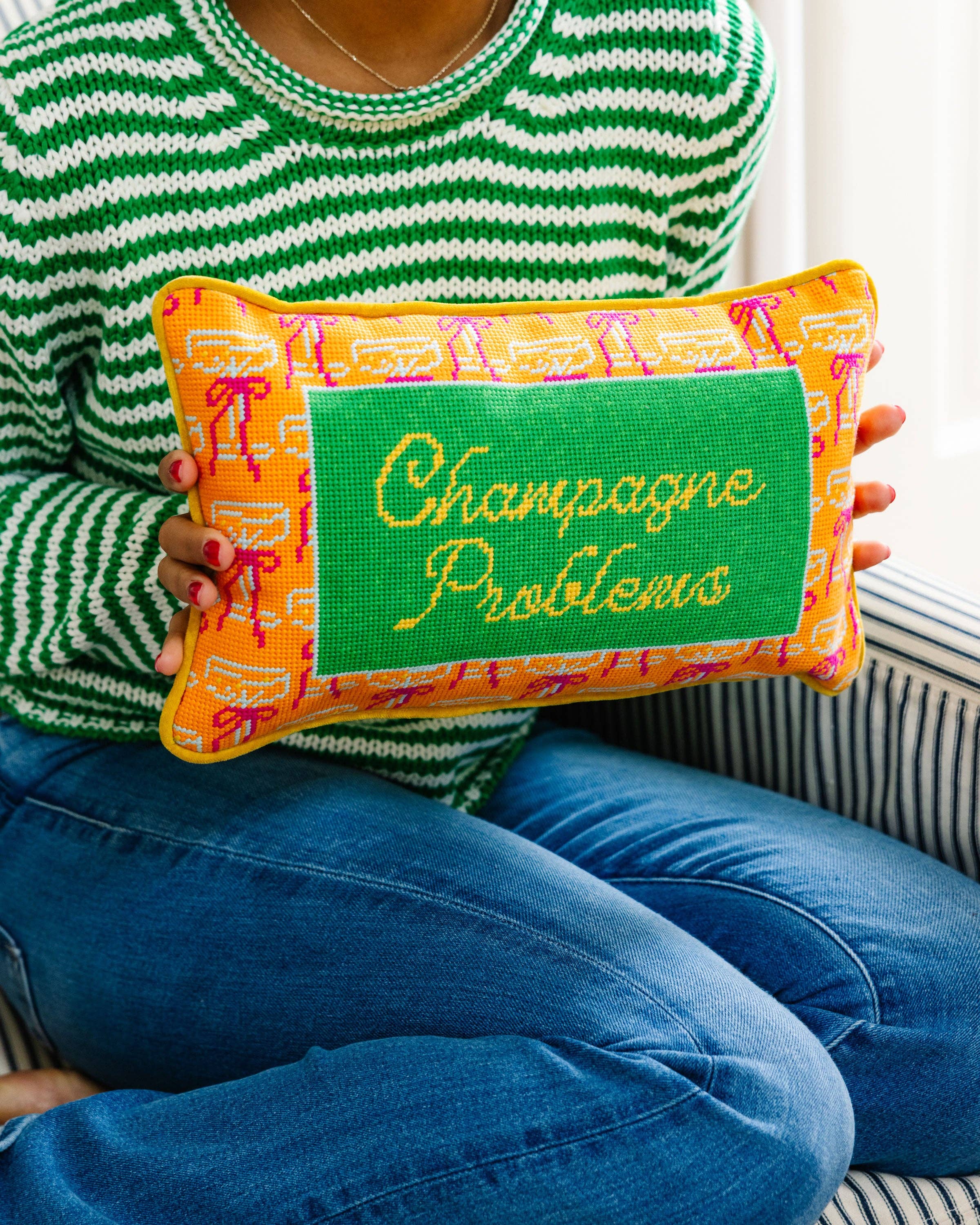 Champagne Problems Needlepoint Pillow - Furbish Studio