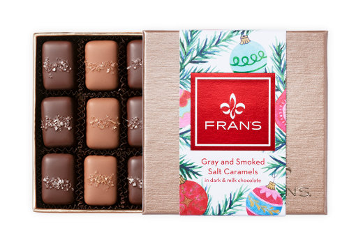 Gray & Smoked Salt Caramels, Holiday Wrap - Fran's Chocolates (12-pieces)