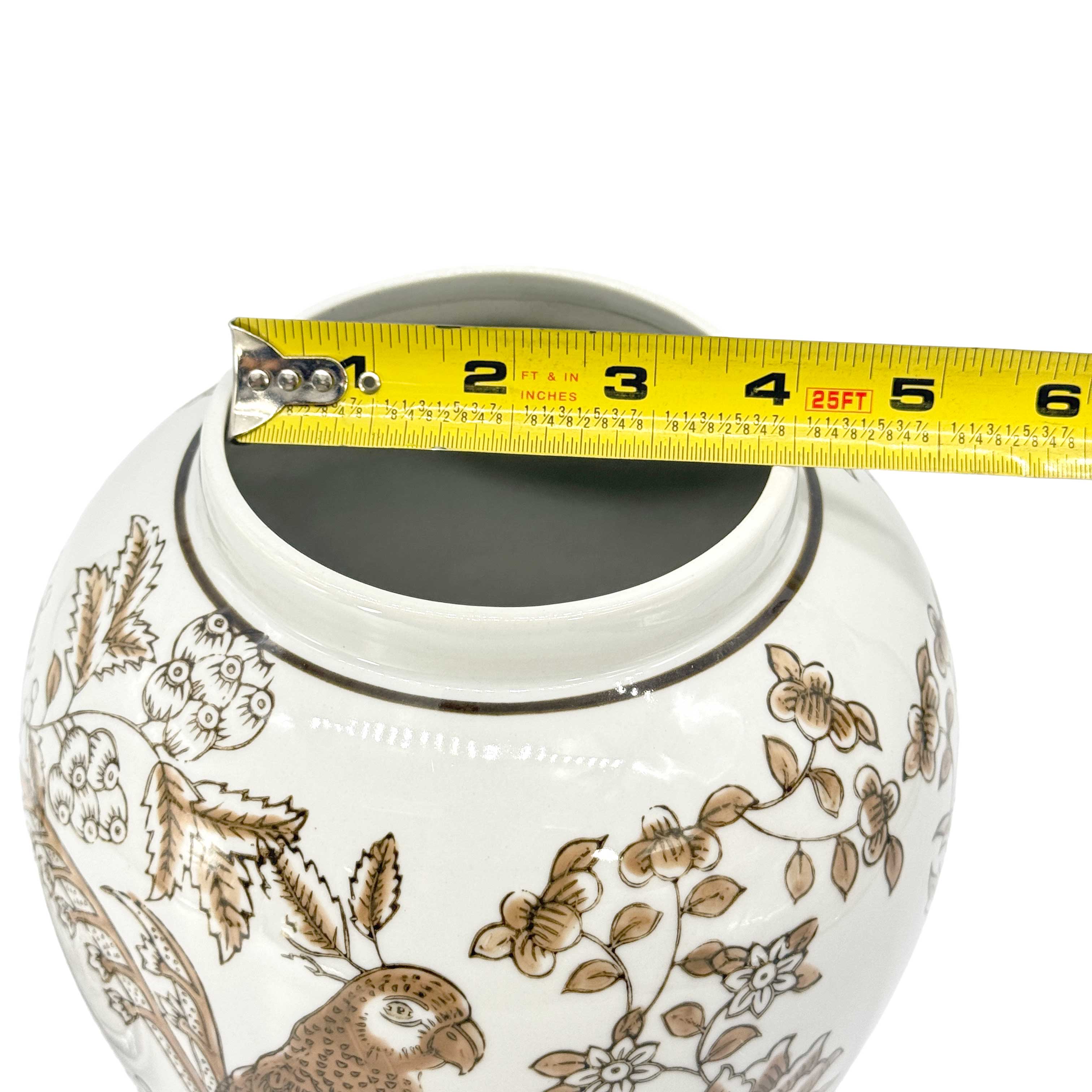 Brown & White Parrot Chinoiserie Ginger Jar, 14in