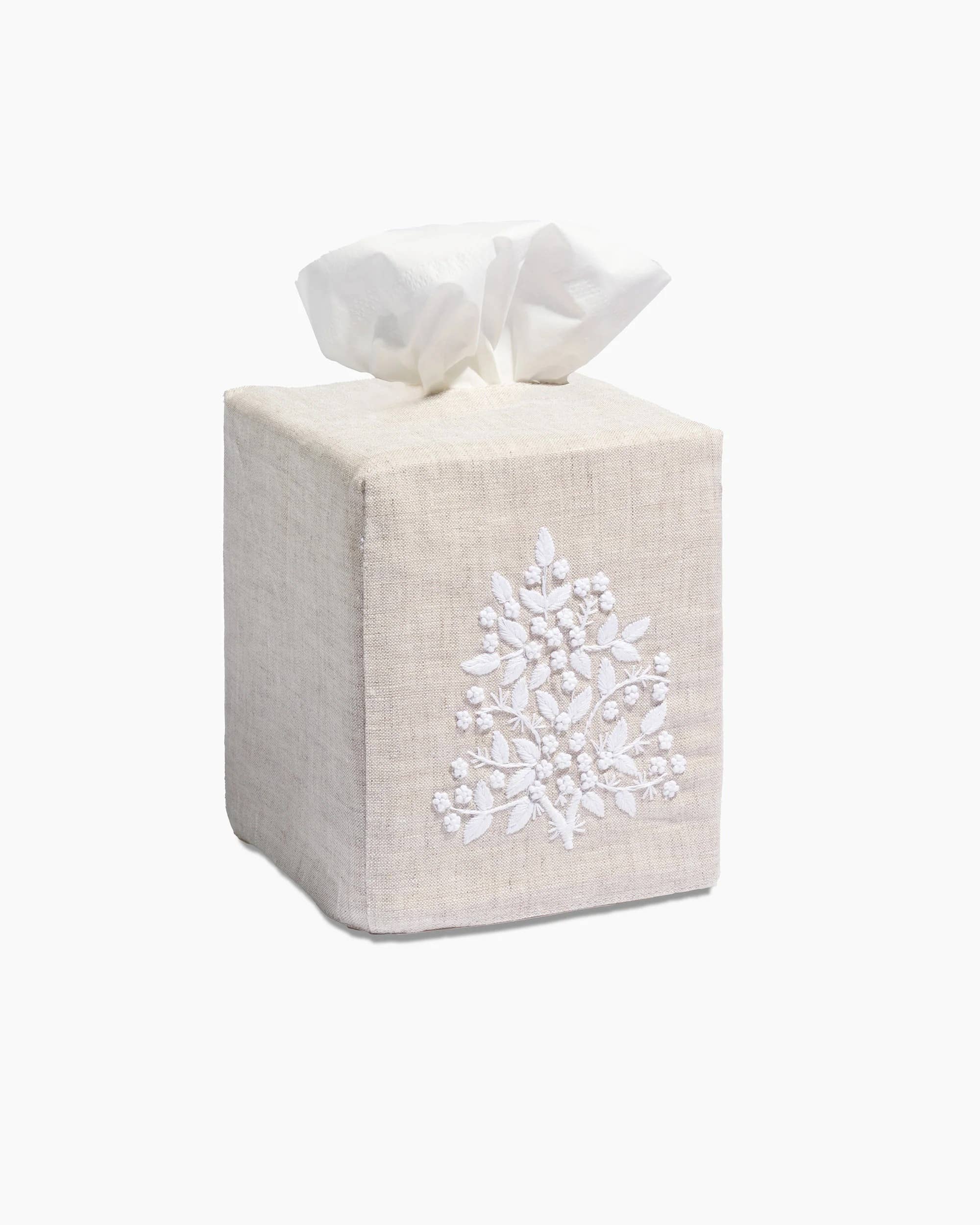 Linen Tissue Box Cover, White on Taupe