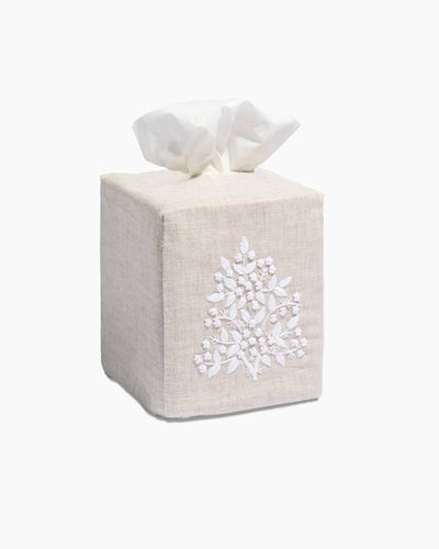 Linen Tissue Box Cover, White on Taupe